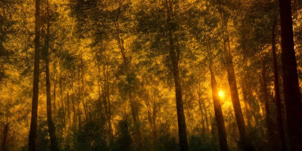 Image similar to An aesthetically pleasing fine art, dynamic, energetic, lively, well-designed digital art of trees inside a forest during sunset, light and shadow, caustics, by Claude Monet, superior quality, masterpiece, excellent use of negative space. 8K, superior detail.