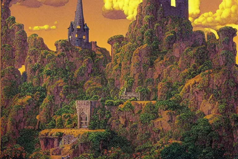 Prompt: a castle made of giant books, fantasy digital painting by maxfield parrish and michael whelan, intricate, photorealistic