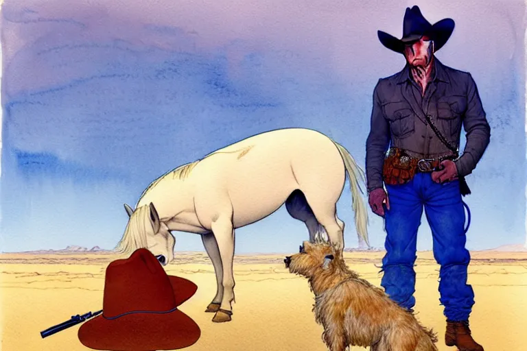 Image similar to a hyperrealist watercolour character concept art portrait of john wayne and a small white dog. there is a horse. arizona desert. there is a villain in the background. by rebecca guay, michael kaluta, charles vess and jean moebius giraud