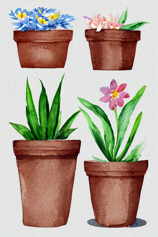 Image similar to minimalist watercolor art of cute flower pots on white background, illustration, vector art