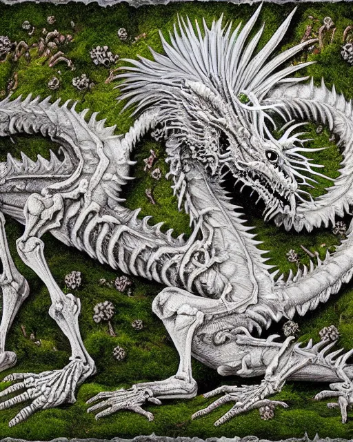 Image similar to white dragon skeleton covered in moss and flowers, intricate details, hyperrealistic, hr giger