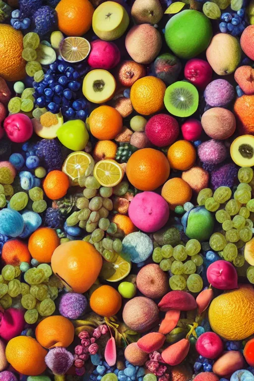 Prompt: super detailed color art, a lot of small fruits, A multiverse of fruits, unreal engine, wes anderson color palette, 3d render, colorful, digital art