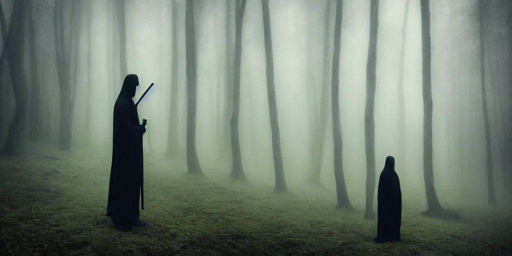 Image similar to a close shot of a grim reaper standing in a forest, detailed, style of flooko, mythical, mist, depressing, tired, dark, lush, nature, mist, mystery, glows, somber, dismal, fog, heavy fog, dark lighting, rim light, glow, ambient light, cybernetic, sci-fi,