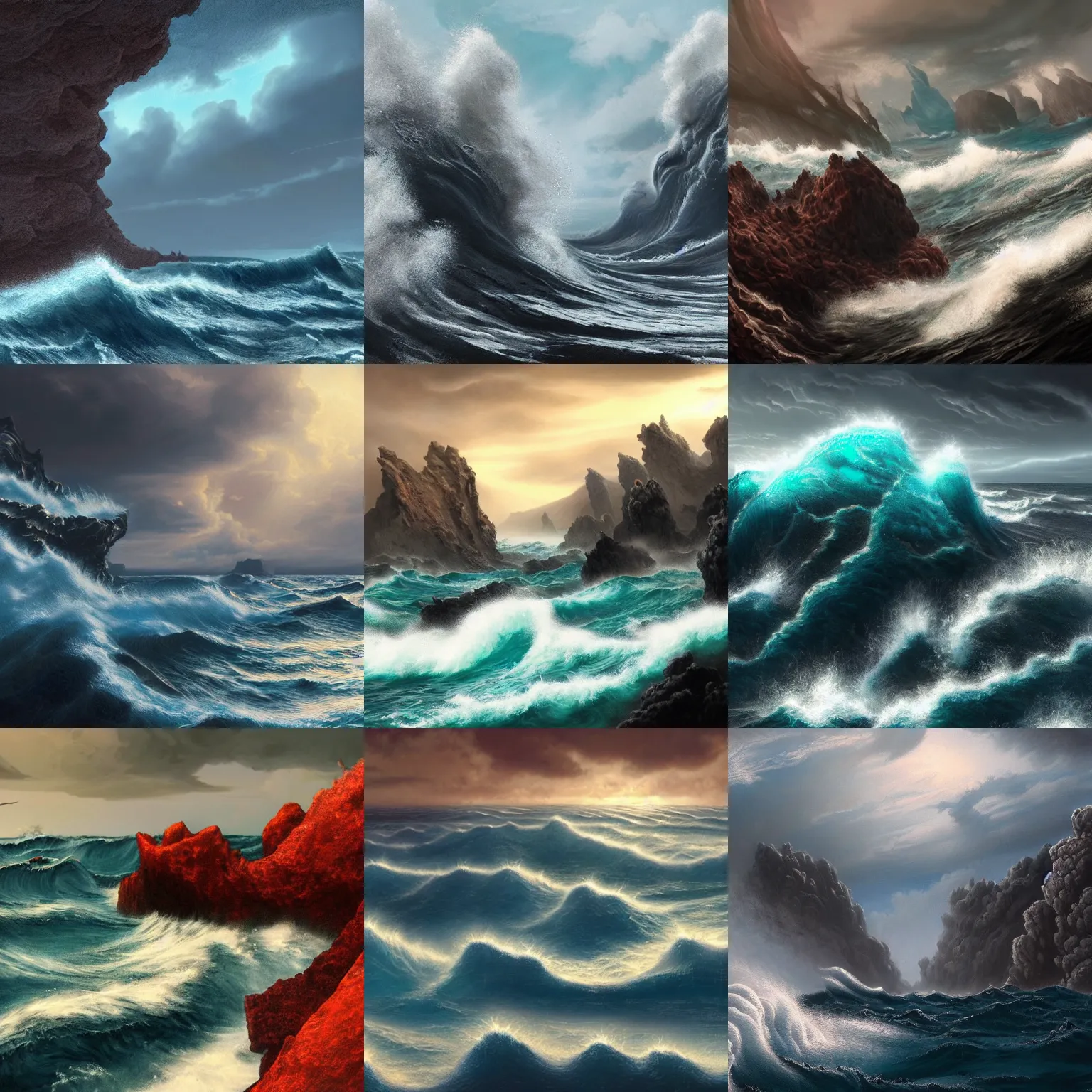 Prompt: a masterpiece matte painting of a turbulent ocean that is textured like hardened lava, igneous rock materials, trending on artstation