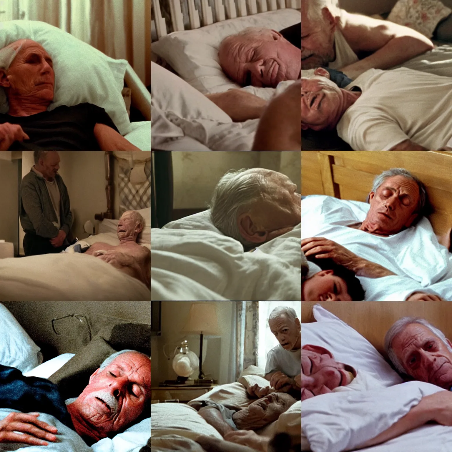 Prompt: The most iconic shot in the whole movie, from the point of view of a dying man in bed, surrounded by his family