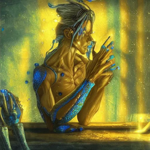 Image similar to an ethereal humanoid snake with hands, golden scales and blue accents scattered in its design, set in an empty tavern full of wispy blue spirits, warm yellow lights, art by yuji ikehata and satoshi kon, background art by miyazaki, realism, proper human male proportions, fully clothed, dungeons and dragons, anime