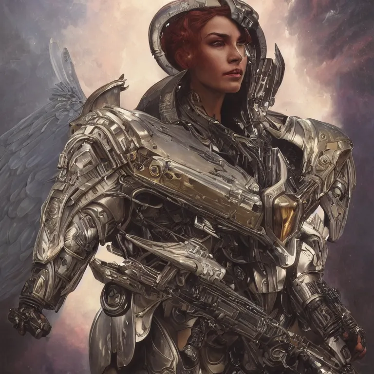 Image similar to scifi character portrait Painting of a futuristic archangel from, warhammer40k , dystopian mood, intricate, wild, highly detailed, digital painting, artstation, concept art, smooth, sharp focus, illustration, art by artgerm and greg rutkowski, and alphonse mucha