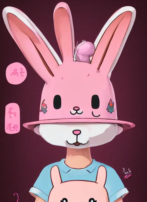 Image similar to realistic detailed semirealism anthropomorphic pink rabbit character wearing a bucket hat. Cute, kawaii, Cooky, bt21, Sanrio inspired. Rabbt_character, rabbit_bunny, 獣, iconic character splash art, Detailed fur, detailed textures, 4K high resolution quality artstyle professional artists WLOP, Aztodio, Taejune Kim, Guweiz, Pixiv, Instagram, Artstation