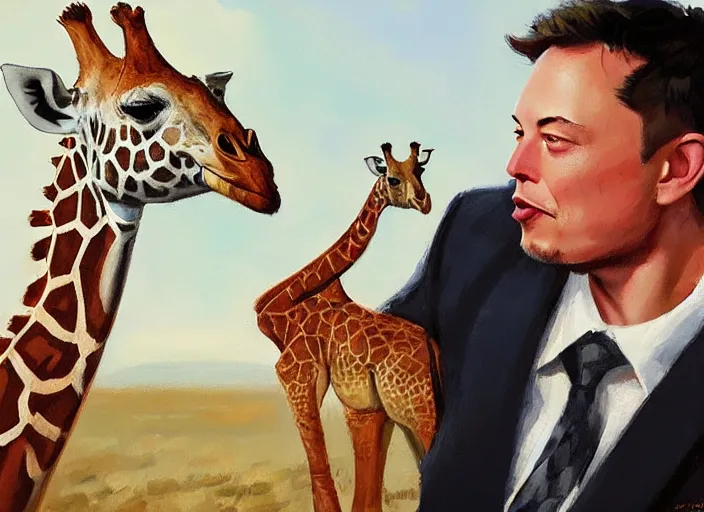 Image similar to a highly detailed beautiful portrait of elon musk with a giraffe, by gregory manchess, james gurney, james jean