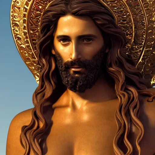 Image similar to an extremely detailed sculpture of a ridiculously good looking jesus that looks like a jewish gigachad as the christo redentor, long curly hair, elegant ancient greek dress, very detailed, rio de janeiro, beautiful, intricate, cinematic, artstation, william bouguereau, alphonse mucha, greg rutkowski, rossdraws, octane render