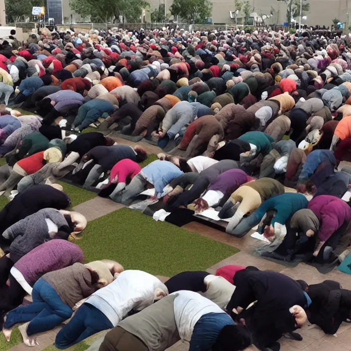 Image similar to humans praying to a giant cat god