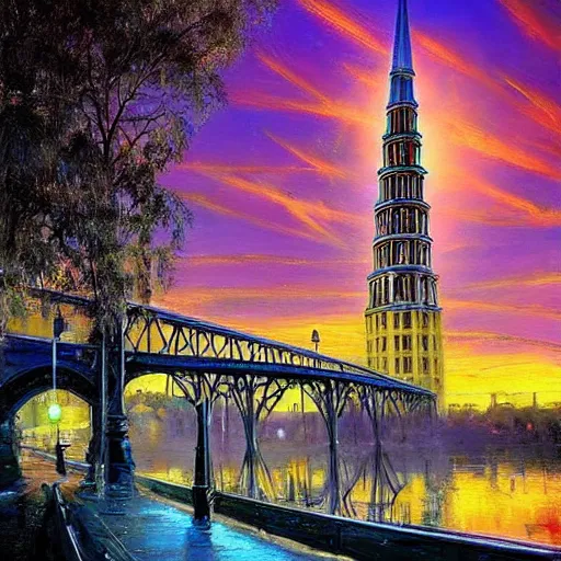 Prompt: a beautiful street art of a cityscape with tall spires and delicate bridges. eraserhead by arthur streeton, by phil koch colorful, passionate
