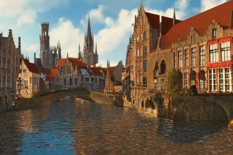 Prompt: a beautiful promotional screenshot of bruges in the video game assassins creed. 3 d render, unreal engine