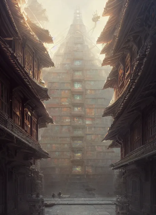 Prompt: a building with a very complicated architecture by mikyoung kim, very detailed, intricate details, complimentary colors, perfect lighting, perfect composition, aesthetic, masterpiece, award winning, artstation, darek zabrocki, greg rutkowski, artgerm, 4 k