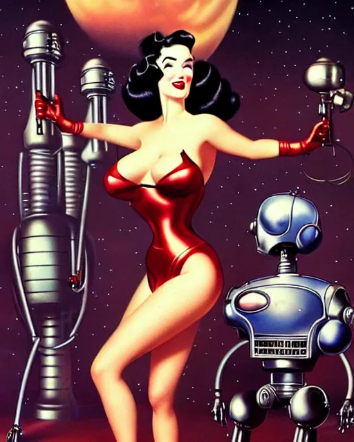 Image similar to closeup beautiful retro space dita von teese posing with a chrome robot in dieselpunk city at night, pinup, windblown dark hair, seductive, hyper detailed, digital art, smooth, sharp focus, gil elvgren, luis royo, alberto vargas, 1 9 5 0, when mars attacks