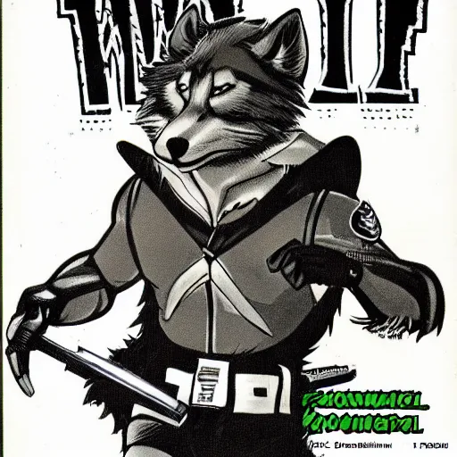 Image similar to 1 9 8 0 s cover scan of a comic featuring a portrait of male wolf o'donnell anthropomorphic wolf furry fursona from starfox wearing an intimidating mercenary uniform, fluffy eyebrows, dark grey wolf, wolf o'donnell, magazine scan, 1 9 8 0 s artwork scan