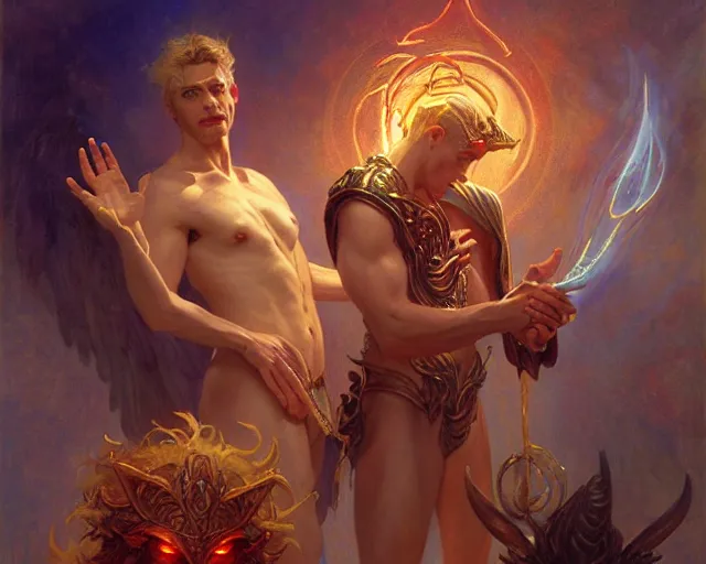 Image similar to attractive male deity, casting demonic magic, summoning handsome lucifer morning star. highly detailed painting by gaston bussiere, craig mullins, j. c. leyendecker 8 k