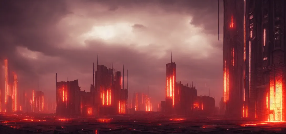 Image similar to dramatic view of empty brutalist cyberpunk underground foundry, giant glowing fire pillars, chimney stacks, glowing ominous clouds, lightning, unreal engine, dramatic lighting, detailed, ambient occlusion, global illumination, god rays, 3 d artstation render by greg rutowski and jessica rossier