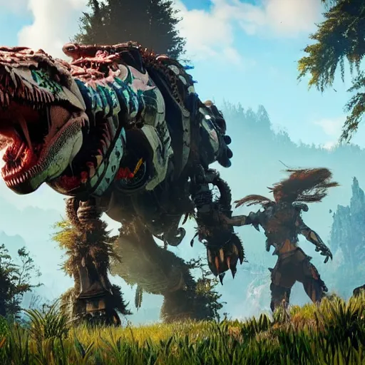 Image similar to cinematic still of horizon zero dawn, si - fi robotic tyrannosaurus rex, highly detailed