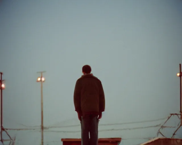 Image similar to lomo photo of man standing on the roof of soviet hrushevka, small town, cinestill, bokeh, out of focus