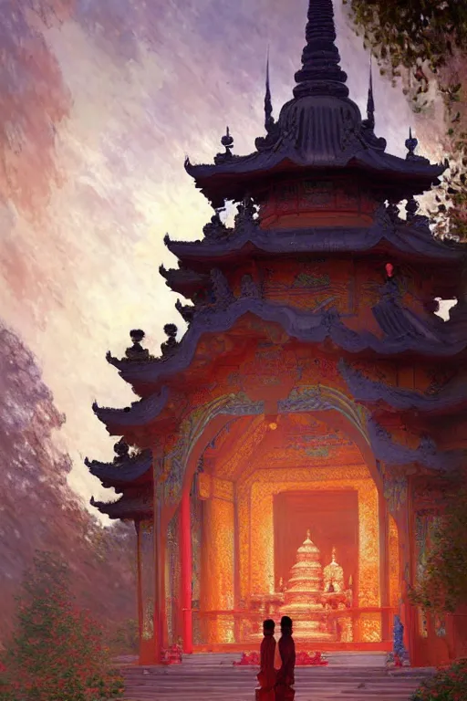 Image similar to temple, buddhism, impressionnisme, painting by greg rutkowski, artgerm, claude monet