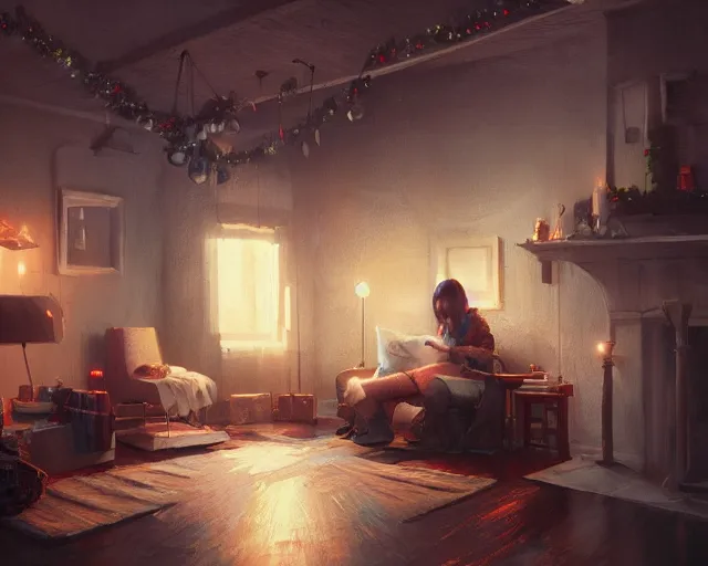 Image similar to a christmas eve photorealistic painting, cozy home, interior, sci - fi, wlop, concept art, octane render, deviantart, greg rutkowski, cinematic, key art, hyperrealism