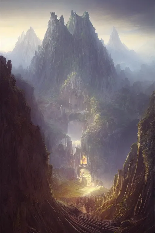 Image similar to amazing concept painting, by Jessica Rossier and HR giger and Beksinski, Rivendell, elvish and greek fortress overlooking a valley, terraces, hallucination, garden of eden