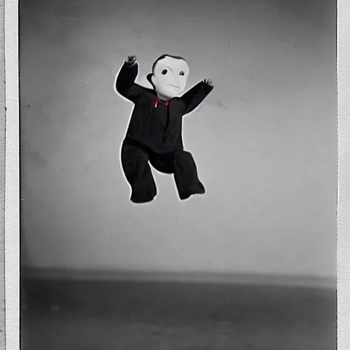 Image similar to 1 9 5 0 s, creepy puppet jumping towards viewer, horror, lost photograph, forgotten, final photo found before disaster, polaroid,