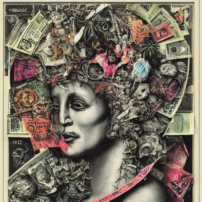 Image similar to post - punk new age album cover, asymmetrical design, dollar bank notes, capitalism, magic, apocalypse, psychedelic, black white pink, highly detailed, magic, giger h. r., giuseppe arcimboldo