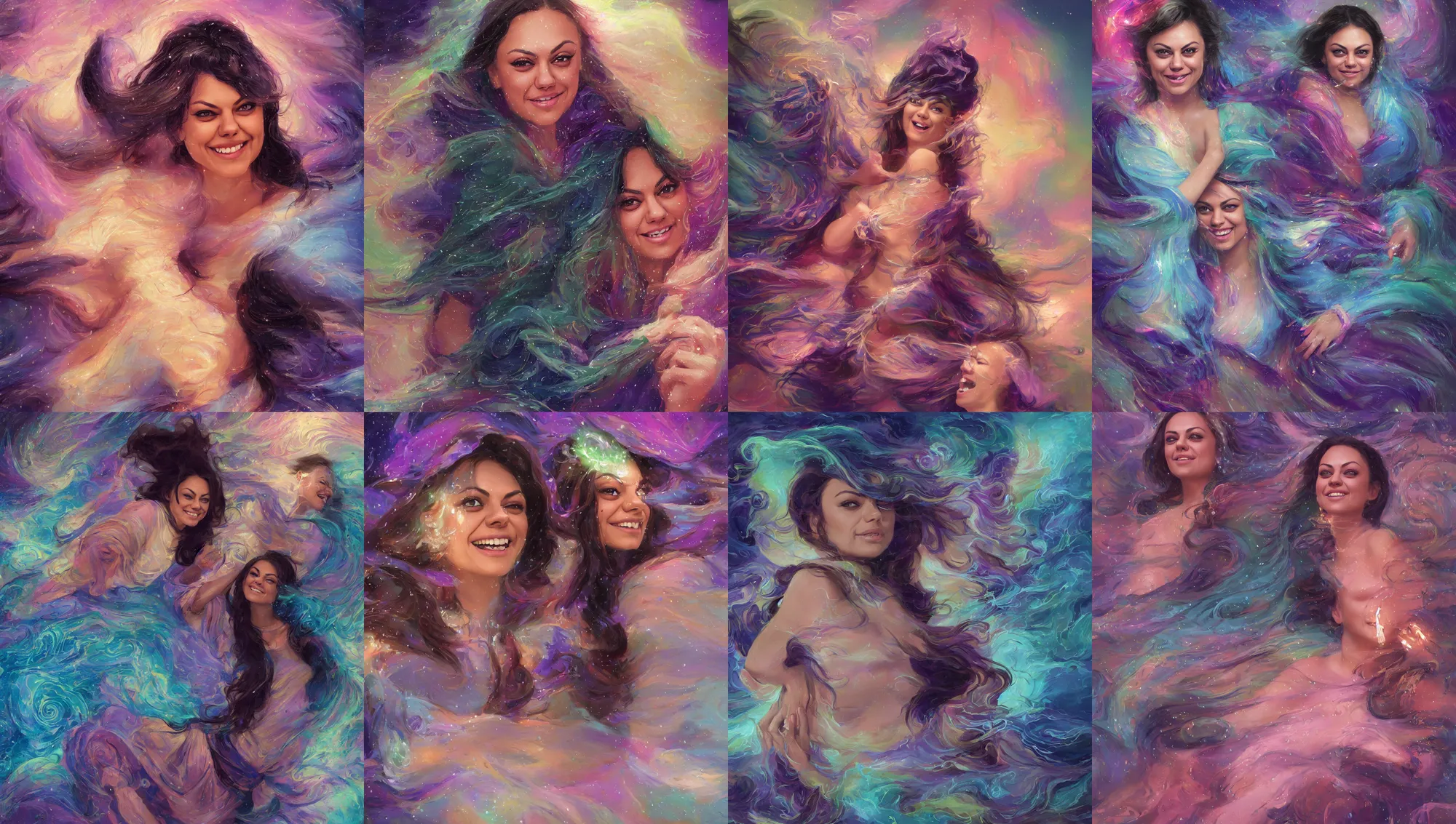 Prompt: portrait mila kunis laughing, rainy storm, intricate robes, gloomhaven, luminescent, colorful swirly magic ripples, pastel colors, by greg manchess, huang guangjian, gil elvgren, sachin teng, greg rutkowski, jesper ejsing, ilya kuvshinov, focal length : 2 0 0. 0 mm