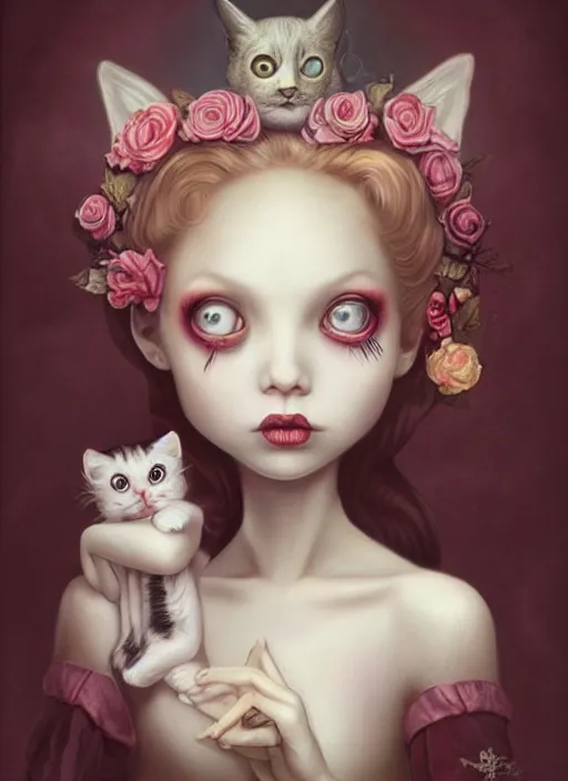 Image similar to pop surrealism, lowbrow art, realistic cute alice girl painting, holding a cat, hyper realism, muted colours, rococo, natalie shau, loreta lux, tom bagshaw, mark ryden, trevor brown style,