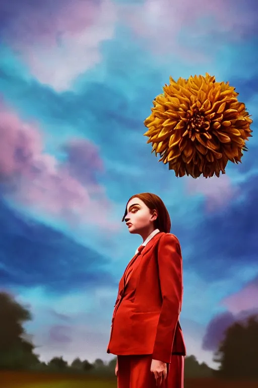 Image similar to closeup giant dahlia flower head, girl in a suit on a street, surreal photography, blue sky, sunrise, dramatic light, impressionist painting, digital painting, artstation, simon stalenhag