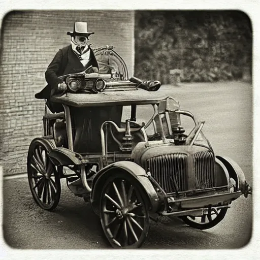 Prompt: Steampunk monsters driving cars, victorian photo