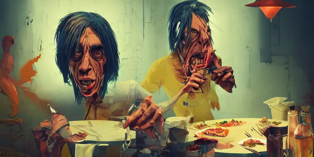 Image similar to cartoonish iggy pop eating dinner, vivid colors, character sheet, fine details, concept design, contrast, kim jung gi, greg rutkowski, trending on artstation, 8 k, full body, turnaround, front view, back view, ultra wide angle