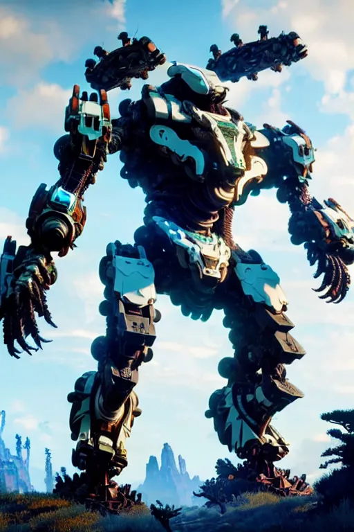 Image similar to a cinematic still from horizon zero dawn and pacific rim and westworld, full body mech, armored core, intact humanoid servo, octane render, nvidia raytracing demo, masterpiece, aged armor plating, decipticon armor plating, aggressive head, endoekeleton exposure