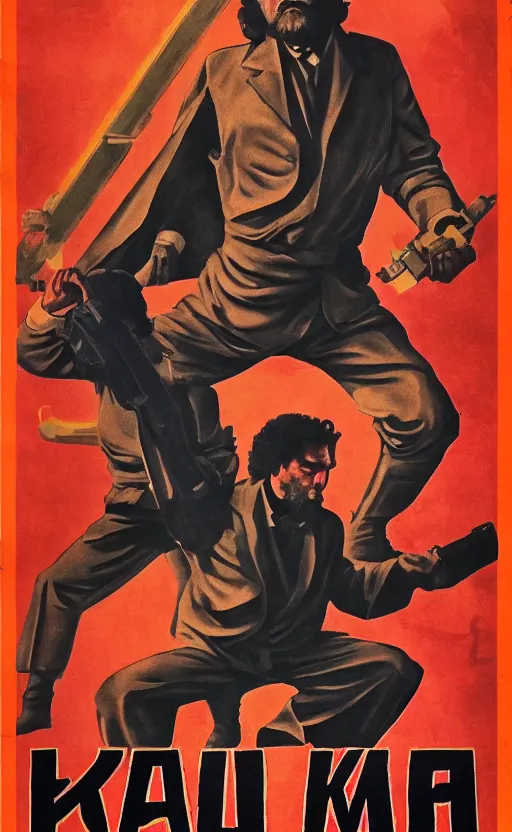 Prompt: full 70s action movie poster with Karl Marx in kung fu pose, drawing 4k, grainy picture cinematic dramatic light