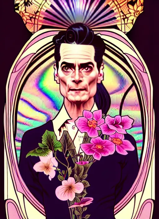 Prompt: twin peaks agent cooper, rococo and art nouveau fusion, iridescent diaphanous refractive and reflective flower bouquet, tarot card, highly detailed, deep focus, elegant, digital painting, smooth, sharp focus, illustration, ultra realistic, 8 k, art by artgerm and alphonse mucha