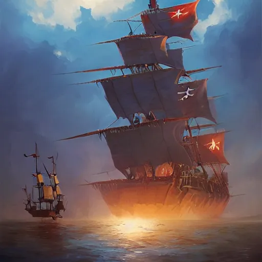 Prompt: a large pirate ship floating on top of a body of water, pirates flag , cgsociety, fantasy art, 2d game art, official art, concept art , behance hd , concept art by Jesper Ejsing, by RHADS, Makoto Shinkaic