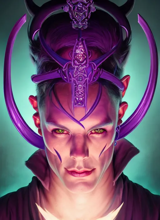 Prompt: symmetry!! portrait of a male purple and teal skinned tiefling with demon horns and piercings, glowing lights!! intricate, elegant, highly detailed, digital painting, artstation, concept art, smooth, sharp focus, illustration, art by artgerm and greg rutkowski and alphonse mucha