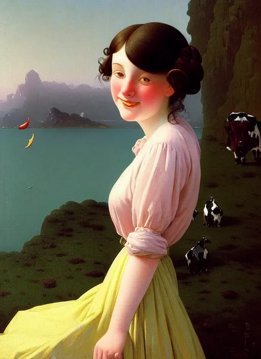 Prompt: hyper detailed 3 d render like a oil painting - cute portrait of a brunette called emma, italian looks, long brunette hair, with a smiling cow looking over her shoulder by ryden, kawase hasui, dorothea tanning, edward hopper and james gilleard, aivazovsky, beksinski, outram, artstation