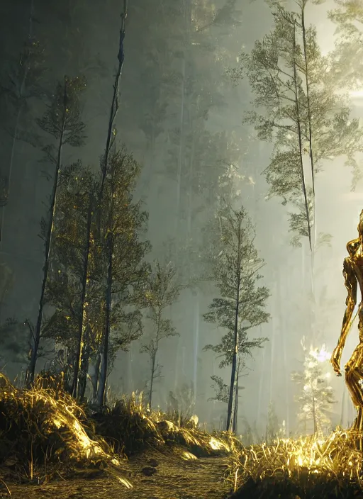 Prompt: cinematic forest lighting, beauteous practical sumptuous full body elegant pose, white pearlescent, chrome, iridescent titanium hybrid biomechanical, crystal, liquid gold, copper, bronze, crystalline masterpiece incrustations, hyperdetailed metalwork movie still, octane render, unreal engine, crepuscular rays,