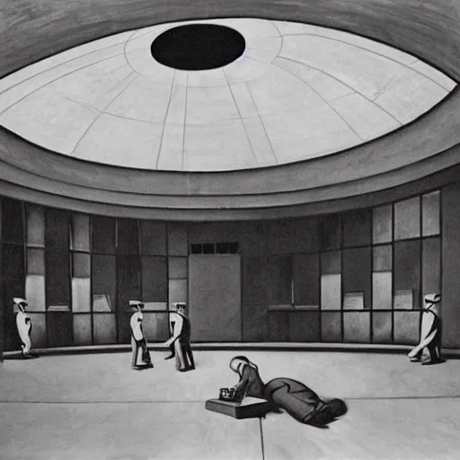 Prompt: scientists inspecting a giant creature in a dome - shaped control center, grant wood, pj crook, edward hopper, oil on canvas