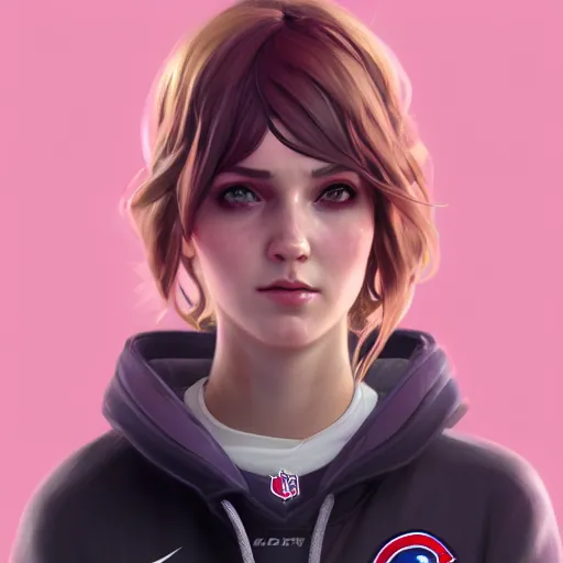 Image similar to portrait from Life is Strange, Female Ice Hockey Player, Habs fantasy, intricate, elegant, pink mist, highly detailed, digital painting, trending on artstation, concept art, smooth, sharp focus, illustration, art by artgerm and greg rutkowski and alphonse mucha, unreal engine, 4k, 8k