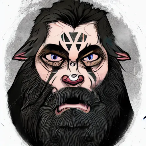 Image similar to old angry scarred whitebearded dwarf, wearing wolf pelt, runic geometry tattoos on face, character art, mtg