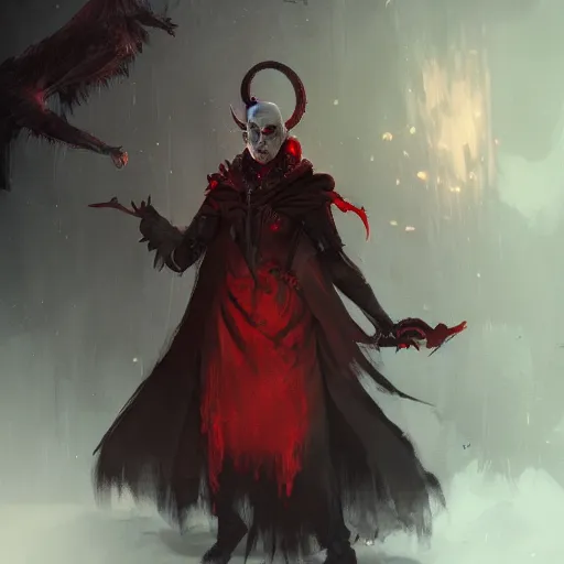 Image similar to A tiefling with red skin and gold eyes, wearing a black cloak, style of Greg Rutkowski, dungeons and dragons character art, artstation