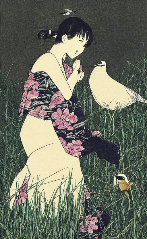 Prompt: by akio watanabe, manga art, girl talks to goose bird in grass field, dark night, trading card front, kimono, realistic anatomy