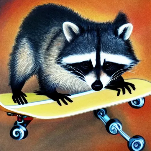 Image similar to detailed painting of a raccoon riding a skateboard