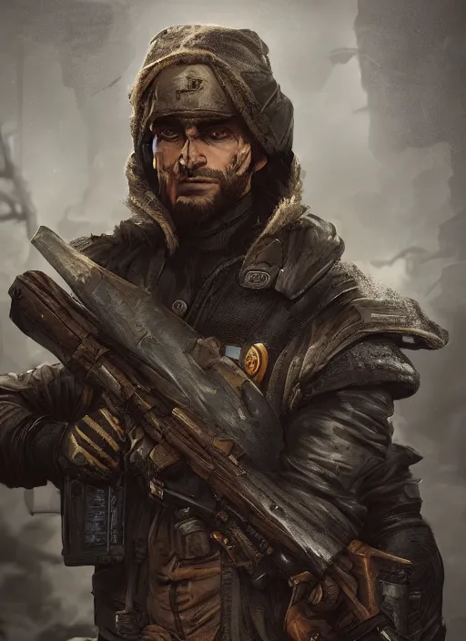 Image similar to A comic book style portrait painting of a male ranger in a grim post apocalyptic setting, unreal 5, DAZ, hyperrealistic, octane render, RPG portrait, dynamic lighting