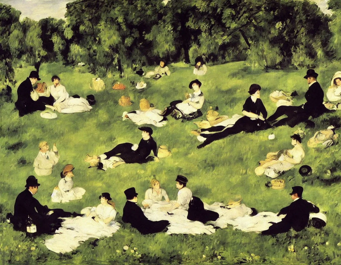 Prompt: le dejeuner sur l'herbe, manet. very close up detailed depiction of people picknick on a blanket on a meadow in berlin. woman and men dressed in black. beer, music. one woman with three men. a very nice an afternoon with sun. little river in background. dark forest. expressionistic. masterpiece painting. classic.