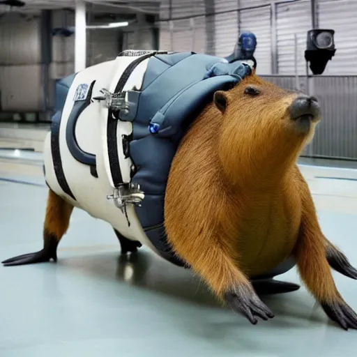 Image similar to a humanoid capybara wearing a space suit